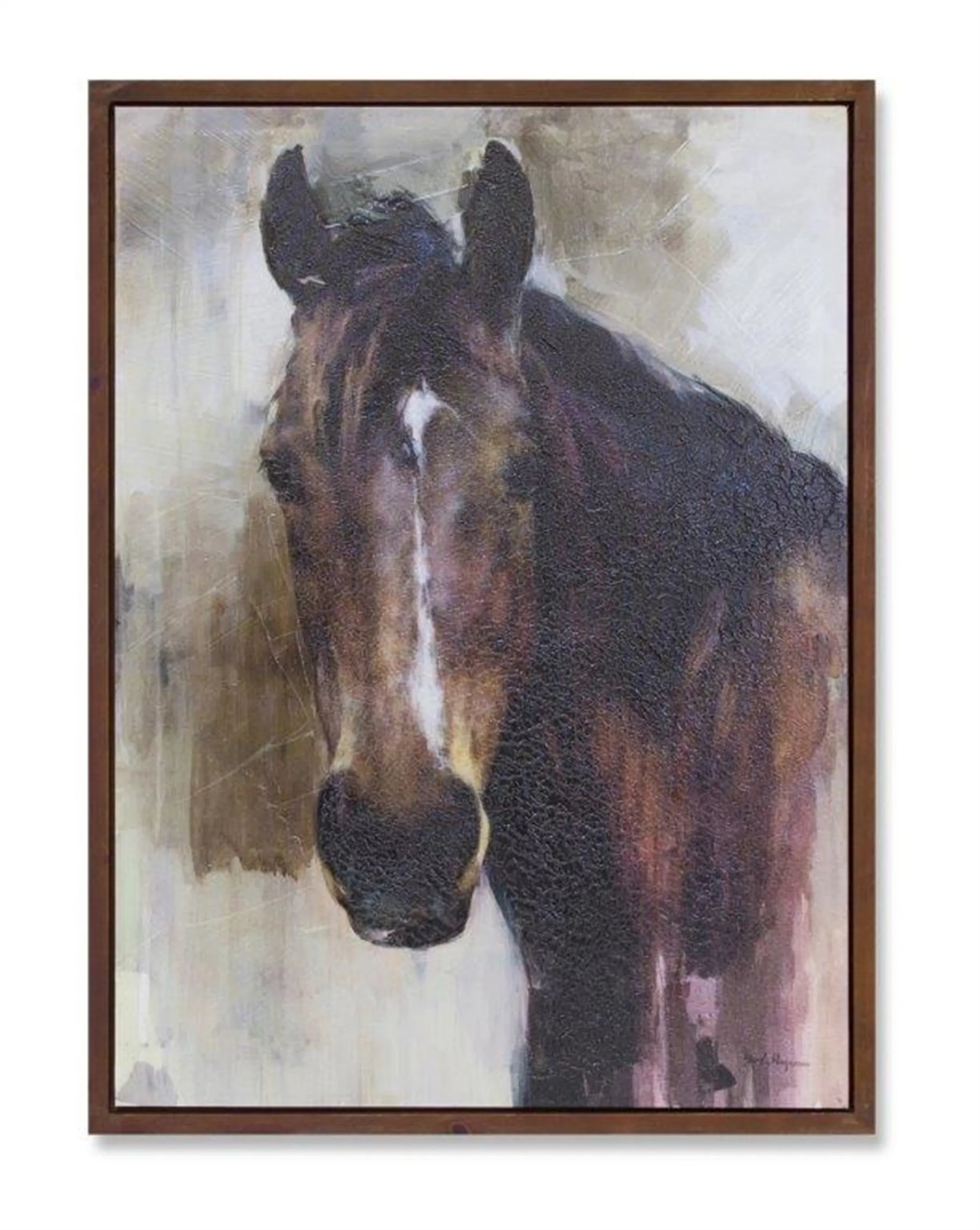32" X 24" Brown Black and White Horse Wood Framed Art