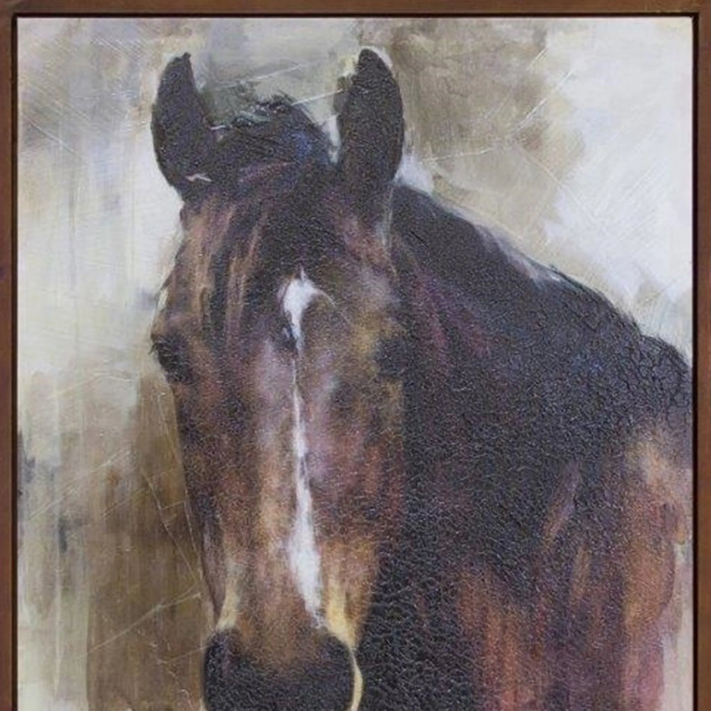 32" X 24" Brown Black and White Horse Wood Framed Art