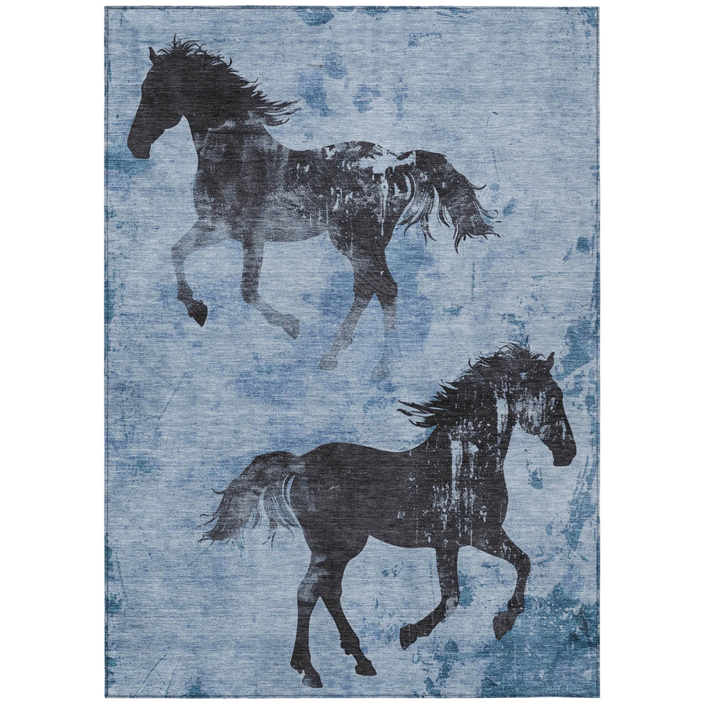 3' X 5' Denim Blue And Charcoal Horse Washable Indoor Outdoor Area Rug