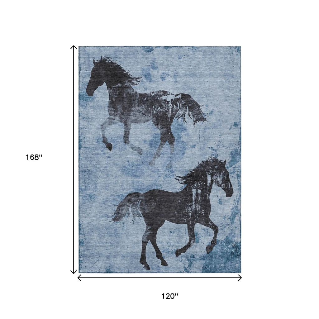 10' X 14' Denim Blue And Charcoal Horse Washable Indoor Outdoor Area Rug