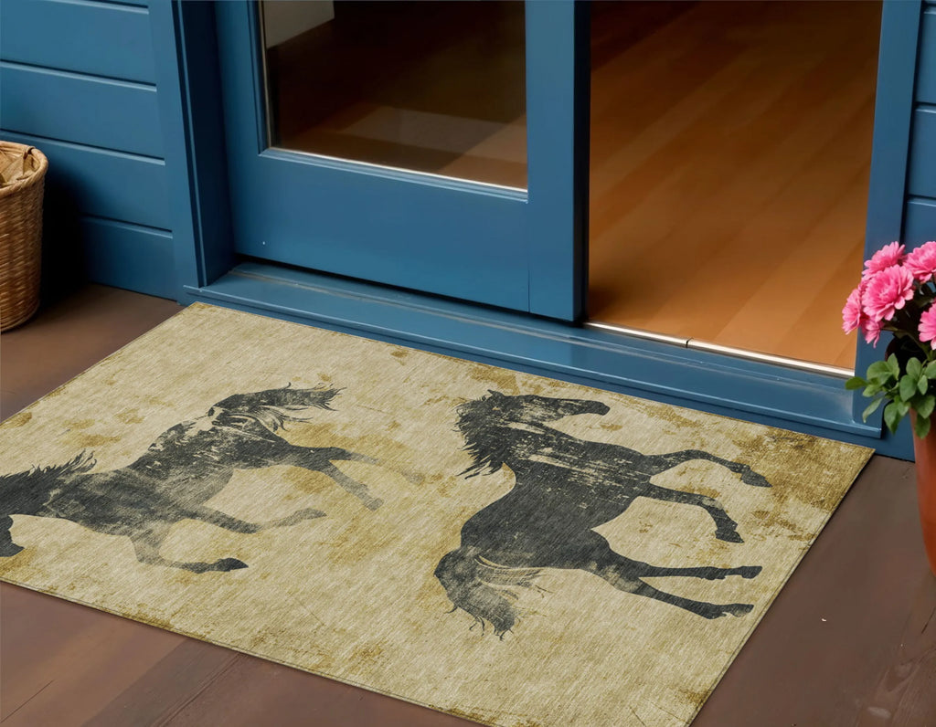 3' X 5' Gold And Charcoal Horse Washable Indoor Outdoor Area Rug