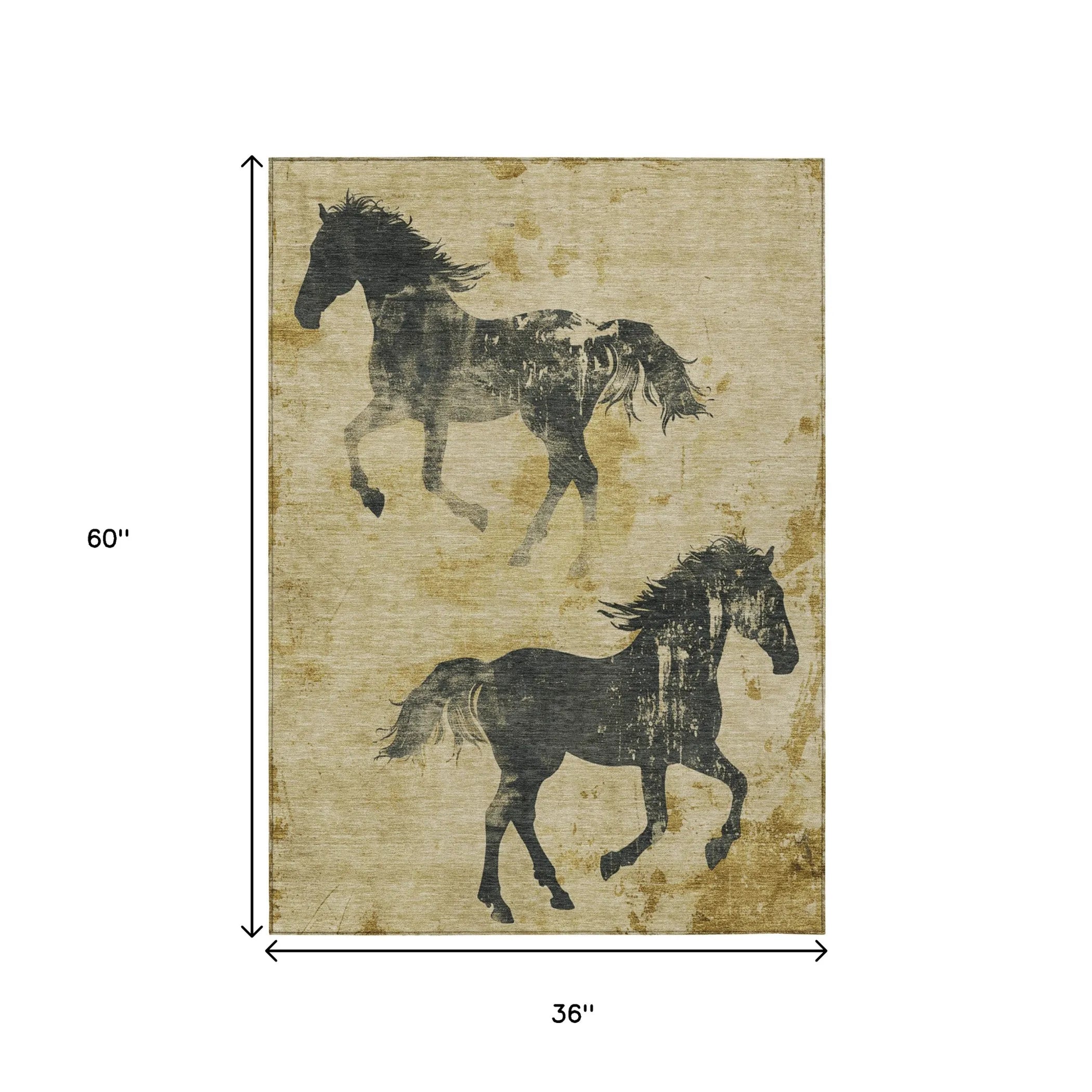 3' X 5' Gold And Charcoal Horse Washable Indoor Outdoor Area Rug
