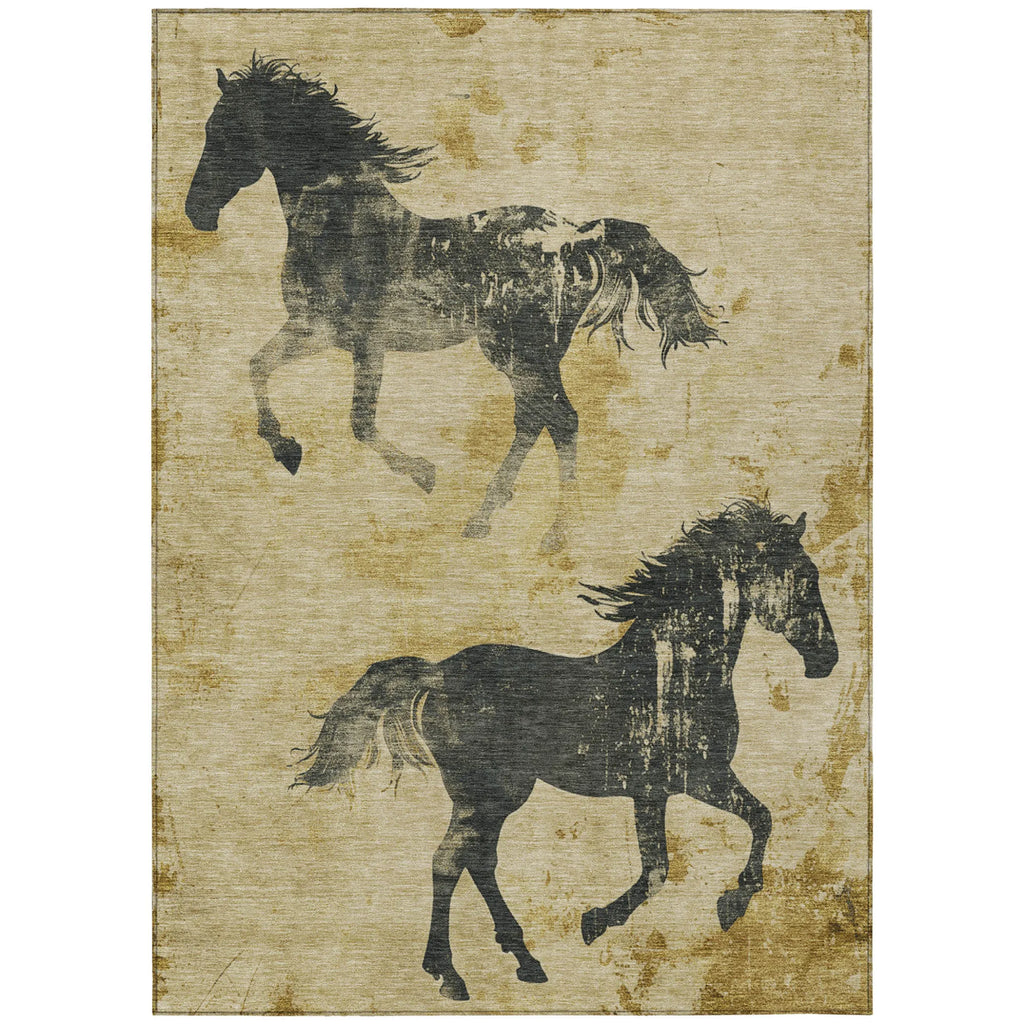10' X 14' Gold And Charcoal Horse Washable Indoor Outdoor Area Rug