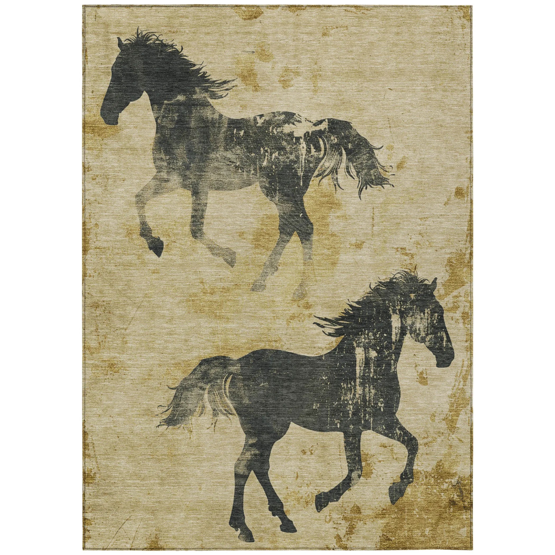 10' X 14' Gold And Charcoal Horse Washable Indoor Outdoor Area Rug