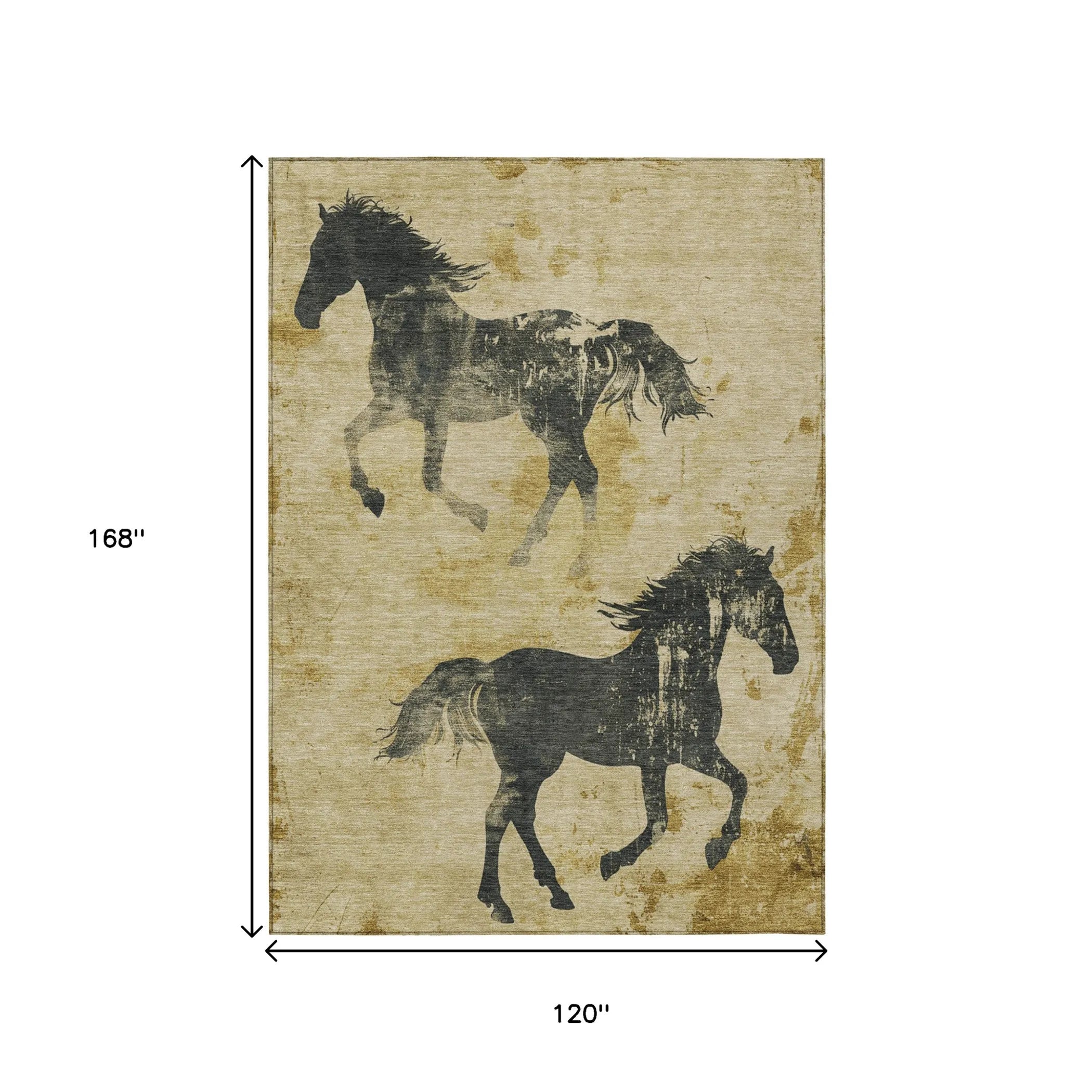 10' X 14' Gold And Charcoal Horse Washable Indoor Outdoor Area Rug
