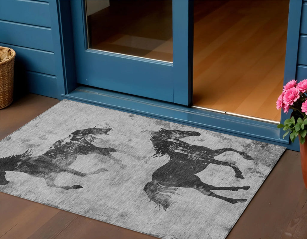 3' X 5' Gray And Charcoal Horse Washable Indoor Outdoor Area Rug