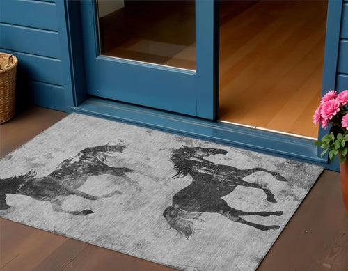 3' X 5' Gray And Charcoal Horse Washable Indoor Outdoor Area Rug
