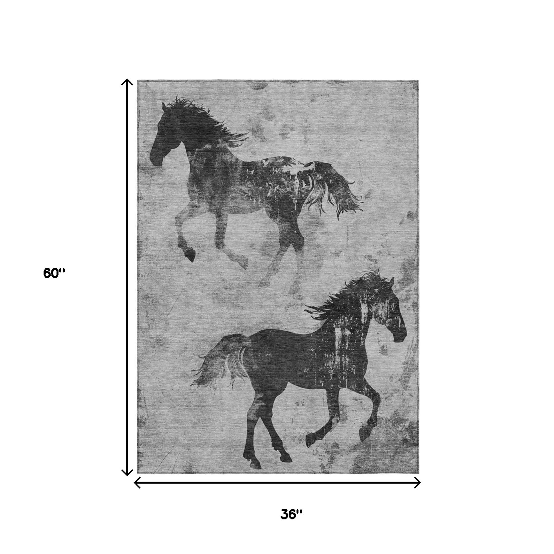 3' X 5' Gray And Charcoal Horse Washable Indoor Outdoor Area Rug