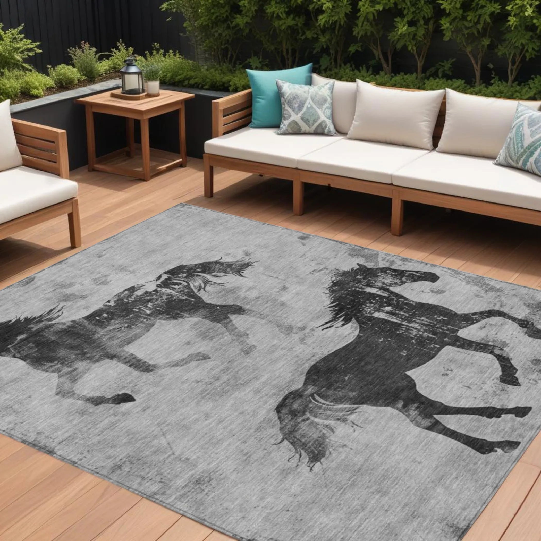 10' X 14' Gray And Charcoal Horse Washable Indoor Outdoor Area Rug