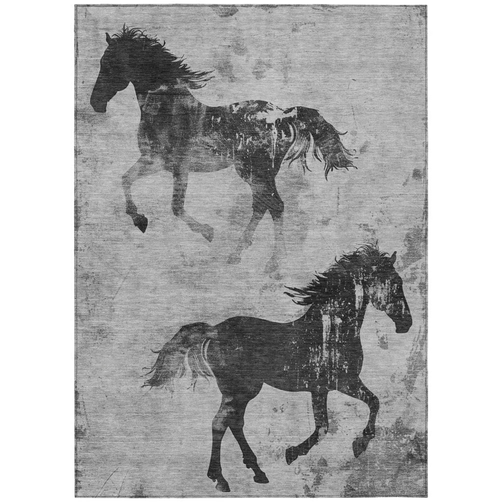 10' X 14' Gray And Charcoal Horse Washable Indoor Outdoor Area Rug