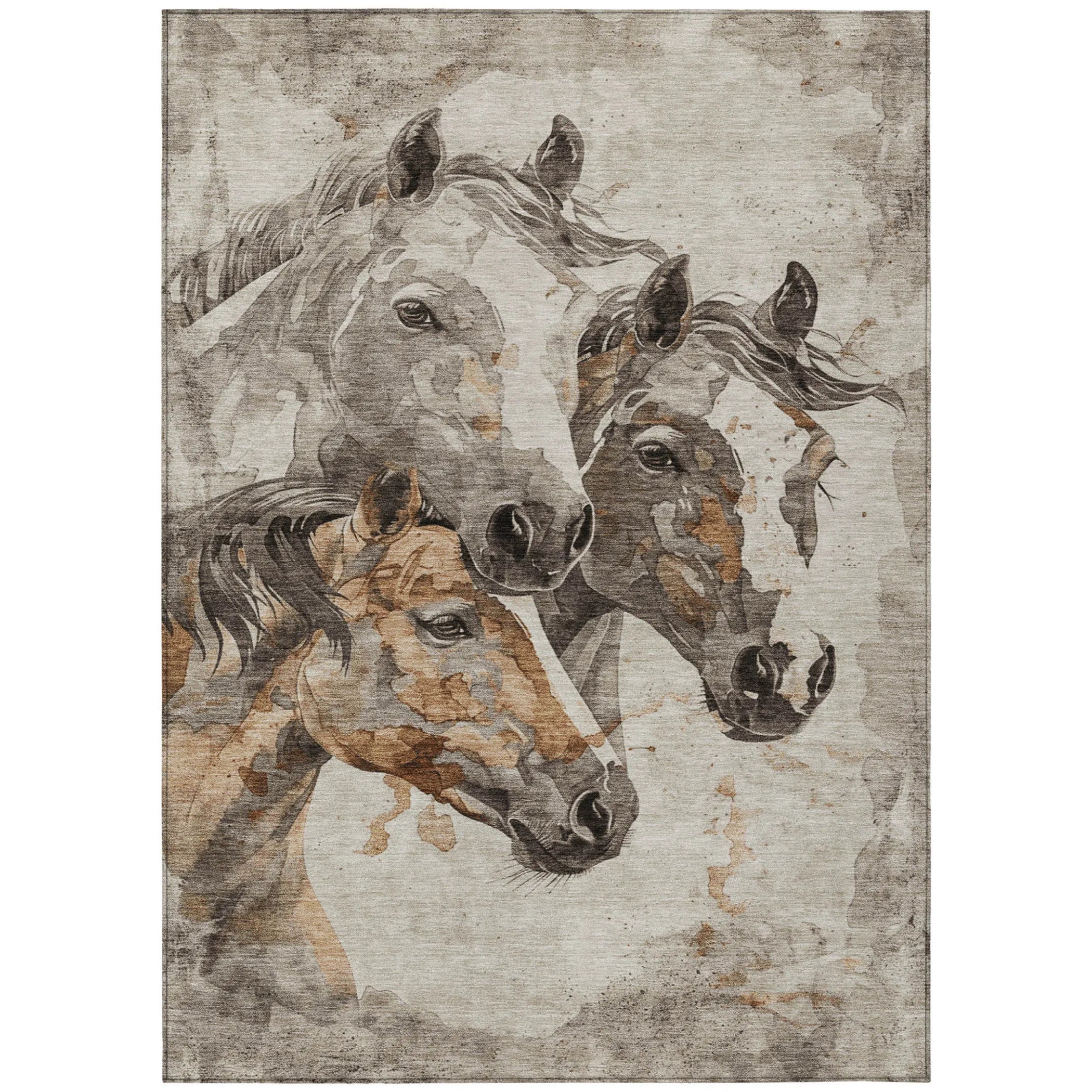 10' X 14' Beige And Gray Horse Washable Indoor Outdoor Area Rug