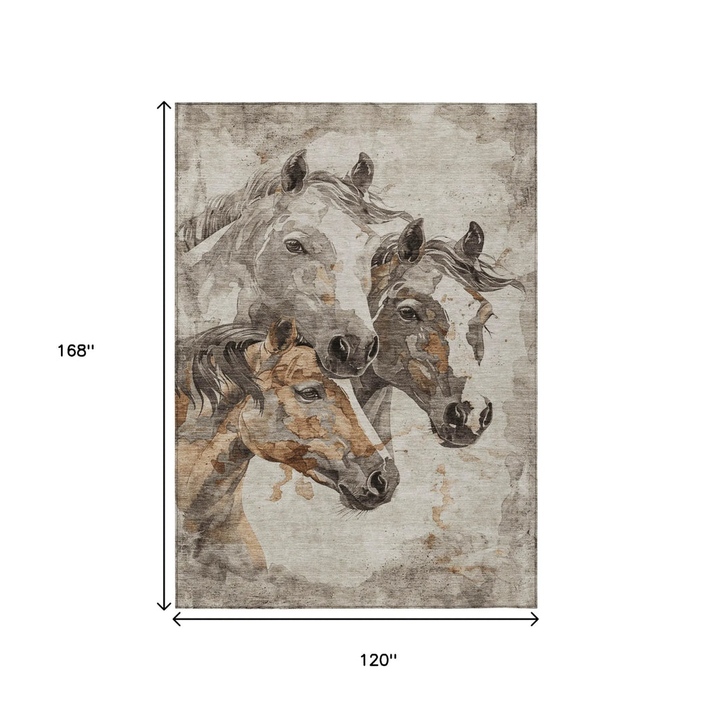 10' X 14' Beige And Gray Horse Washable Indoor Outdoor Area Rug