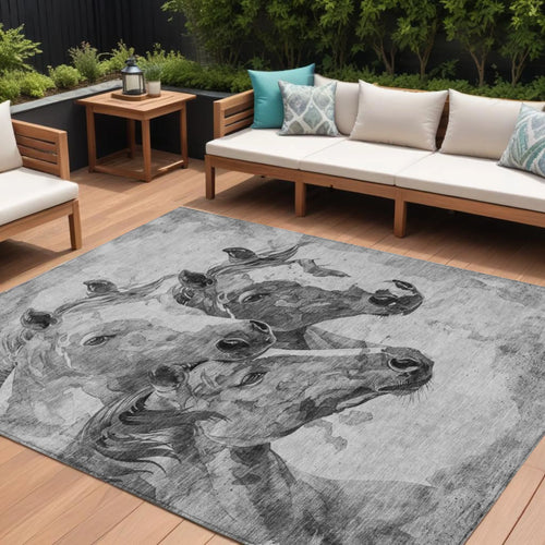 10' X 14' Gray And Silver Horse Washable Indoor Outdoor Area Rug