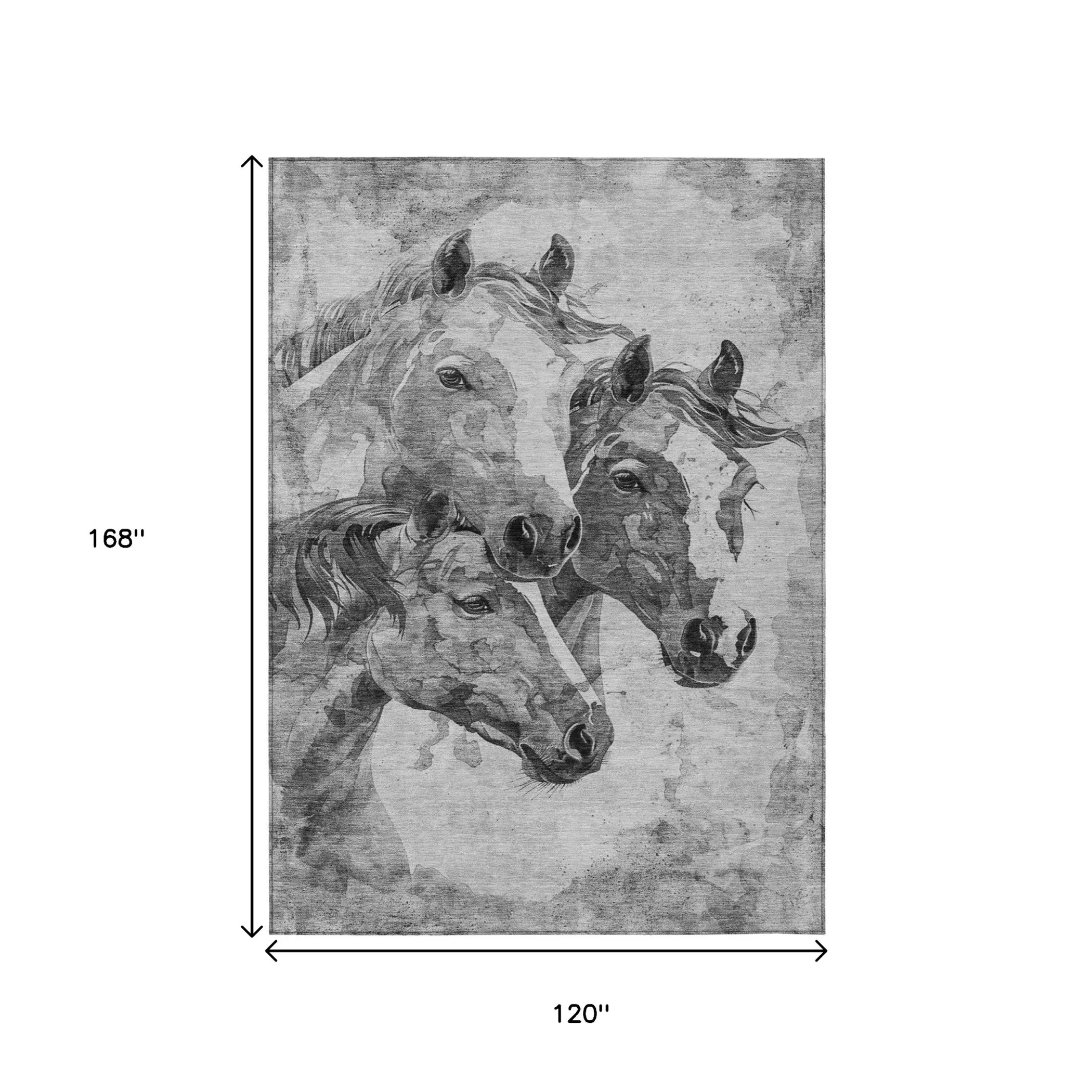 10' X 14' Gray And Silver Horse Washable Indoor Outdoor Area Rug