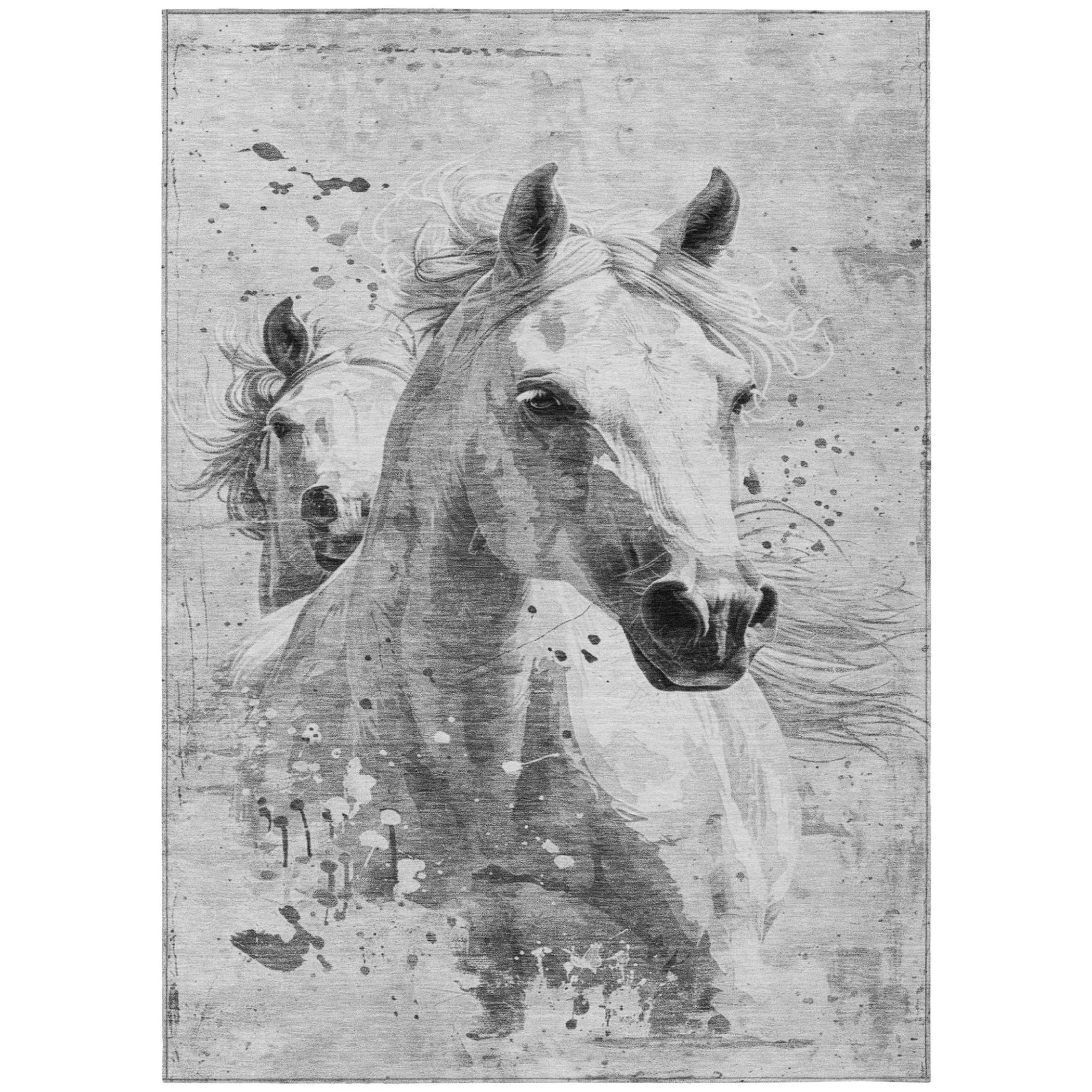 8' X 10' Gray And Silver Horse Washable Indoor Outdoor Area Rug