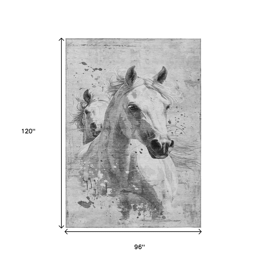 8' X 10' Gray And Silver Horse Washable Indoor Outdoor Area Rug