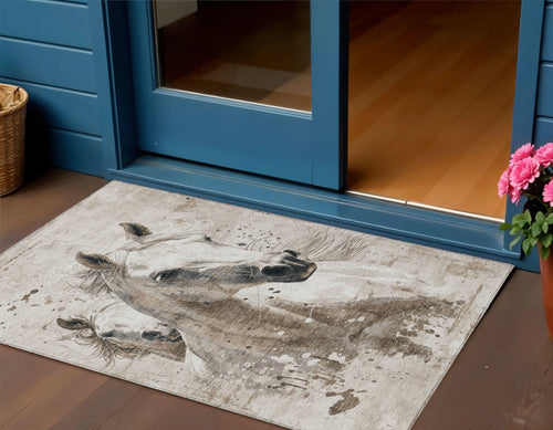 3' X 5' Ivory And Gray Horse Washable Indoor Outdoor Area Rug