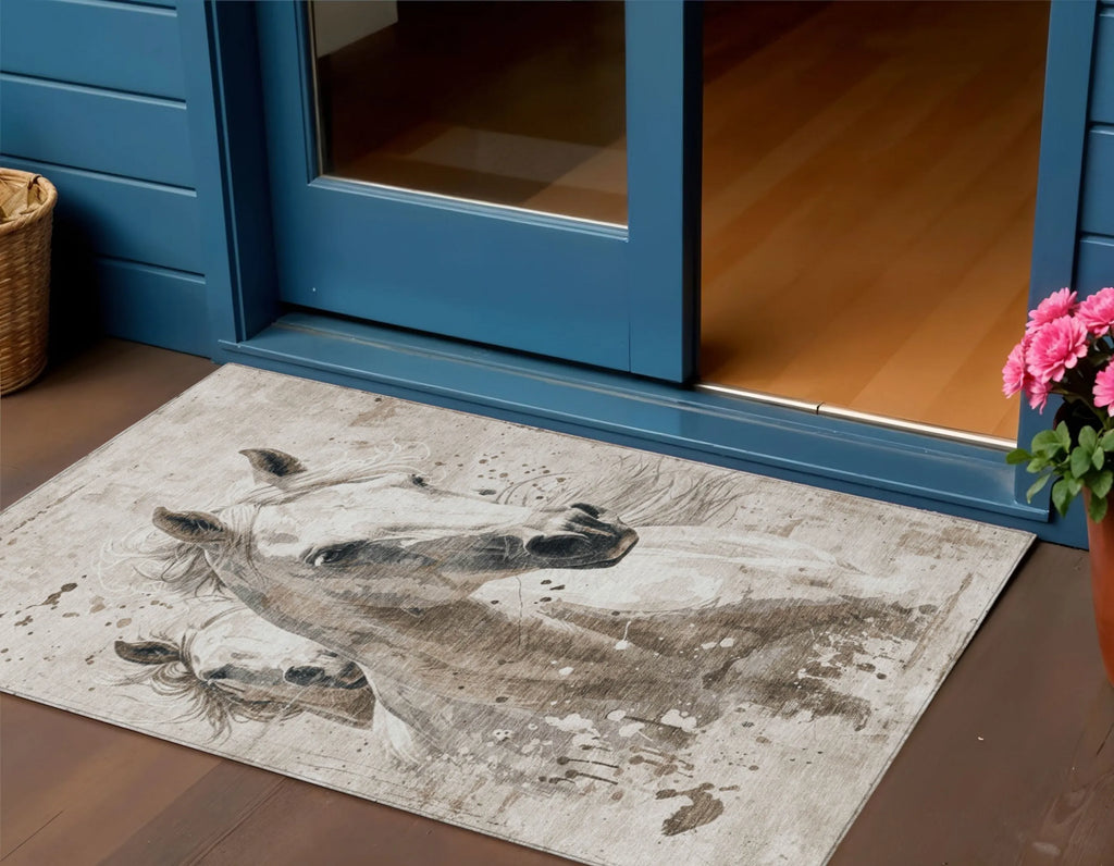3' X 5' Ivory And Gray Horse Washable Indoor Outdoor Area Rug