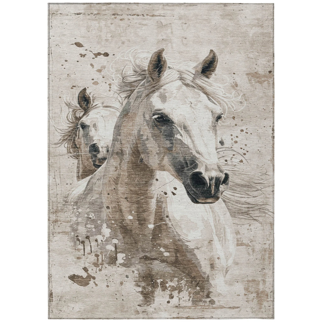 3' X 5' Ivory And Gray Horse Washable Indoor Outdoor Area Rug