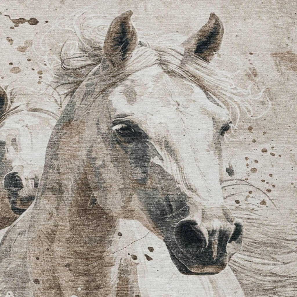 3' X 5' Ivory And Gray Horse Washable Indoor Outdoor Area Rug