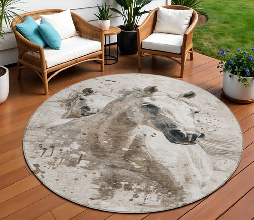 8' Ivory And Gray Round Horse Washable Indoor Outdoor Area Rug