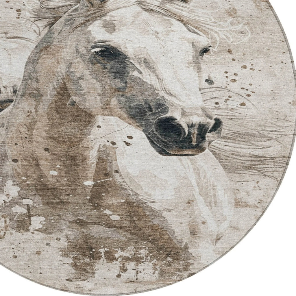 8' Ivory And Gray Round Horse Washable Indoor Outdoor Area Rug