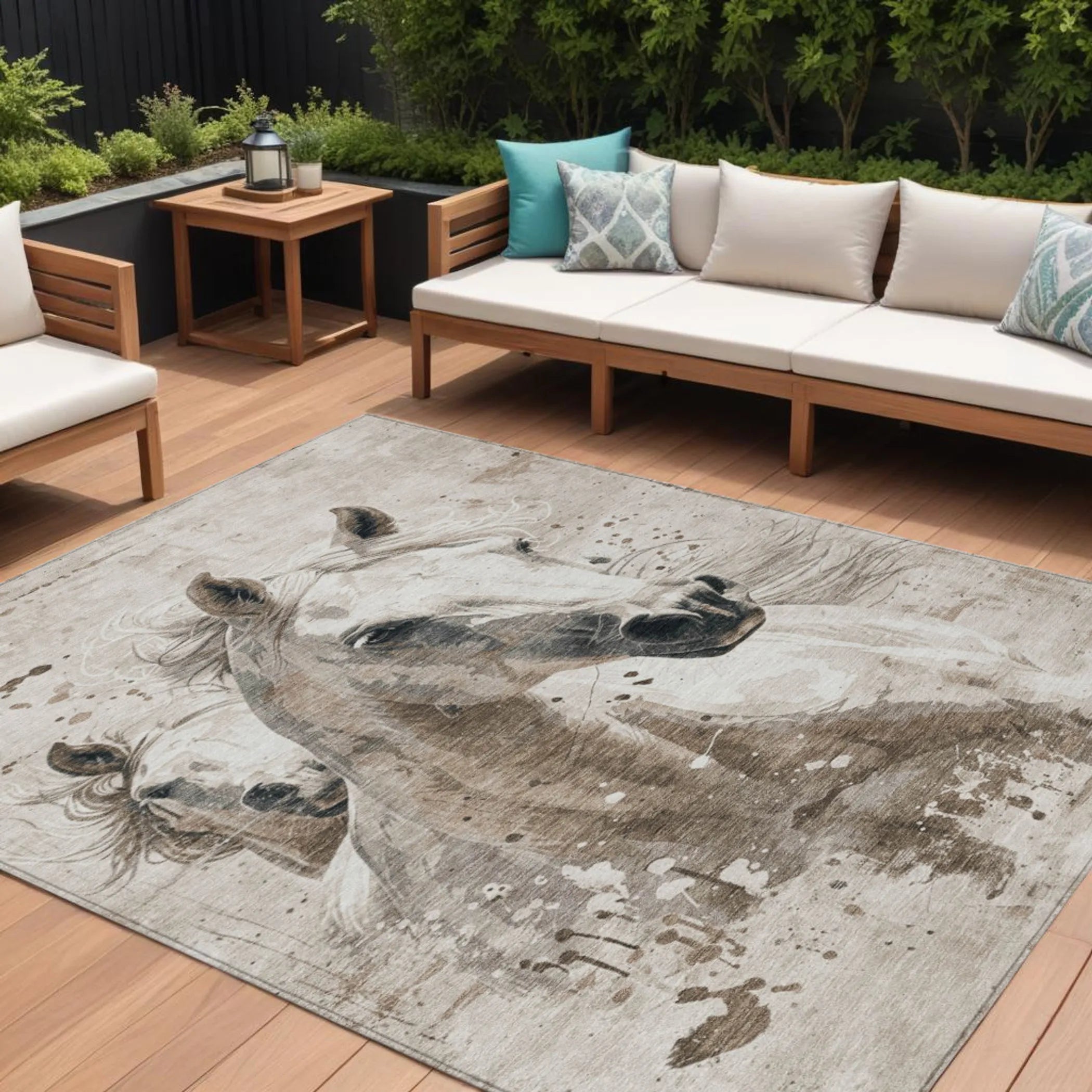 10' X 14' Ivory And Gray Horse Washable Indoor Outdoor Area Rug