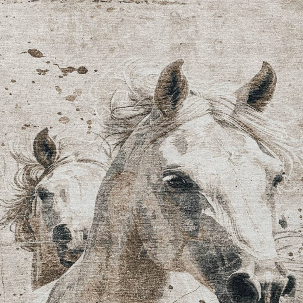 10' X 14' Ivory And Gray Horse Washable Indoor Outdoor Area Rug