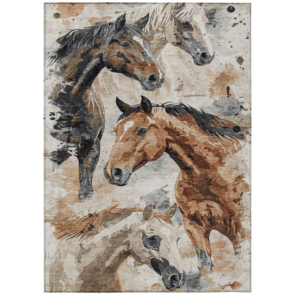 9' X 12' Beige Charcoal And Brown Horse Washable Indoor Outdoor Area Rug