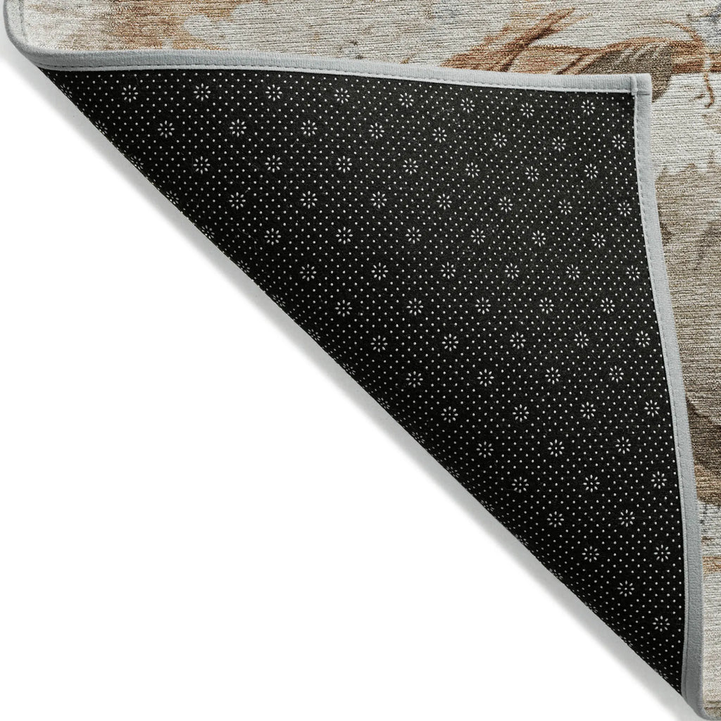 9' X 12' Beige Charcoal And Brown Horse Washable Indoor Outdoor Area Rug