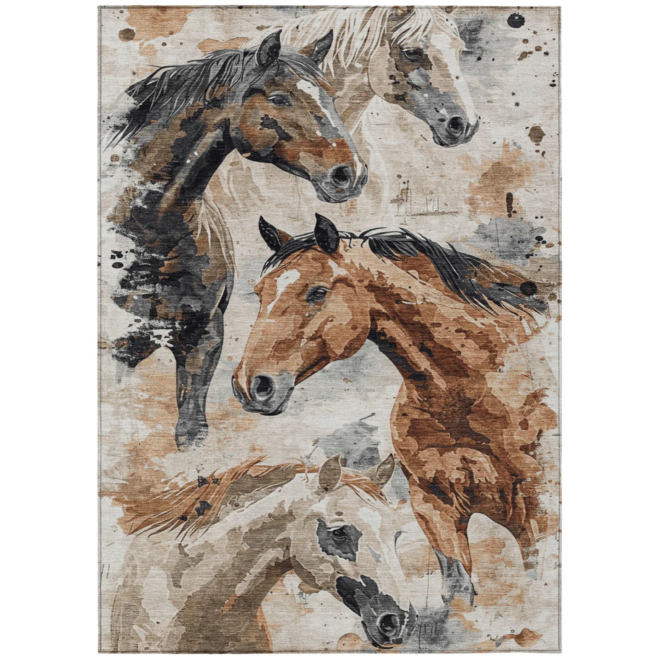 10' X 14' Beige Charcoal And Brown Horse Washable Indoor Outdoor Area Rug