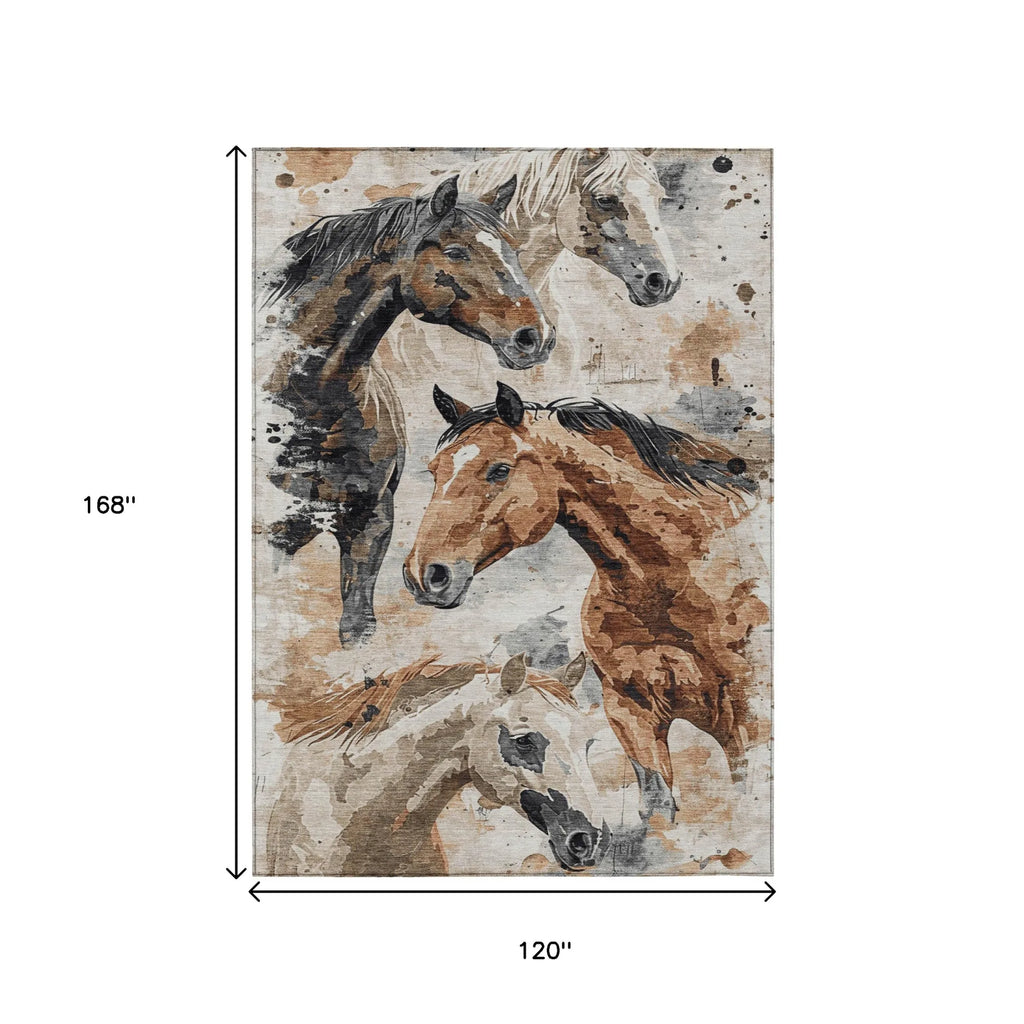 10' X 14' Beige Charcoal And Brown Horse Washable Indoor Outdoor Area Rug