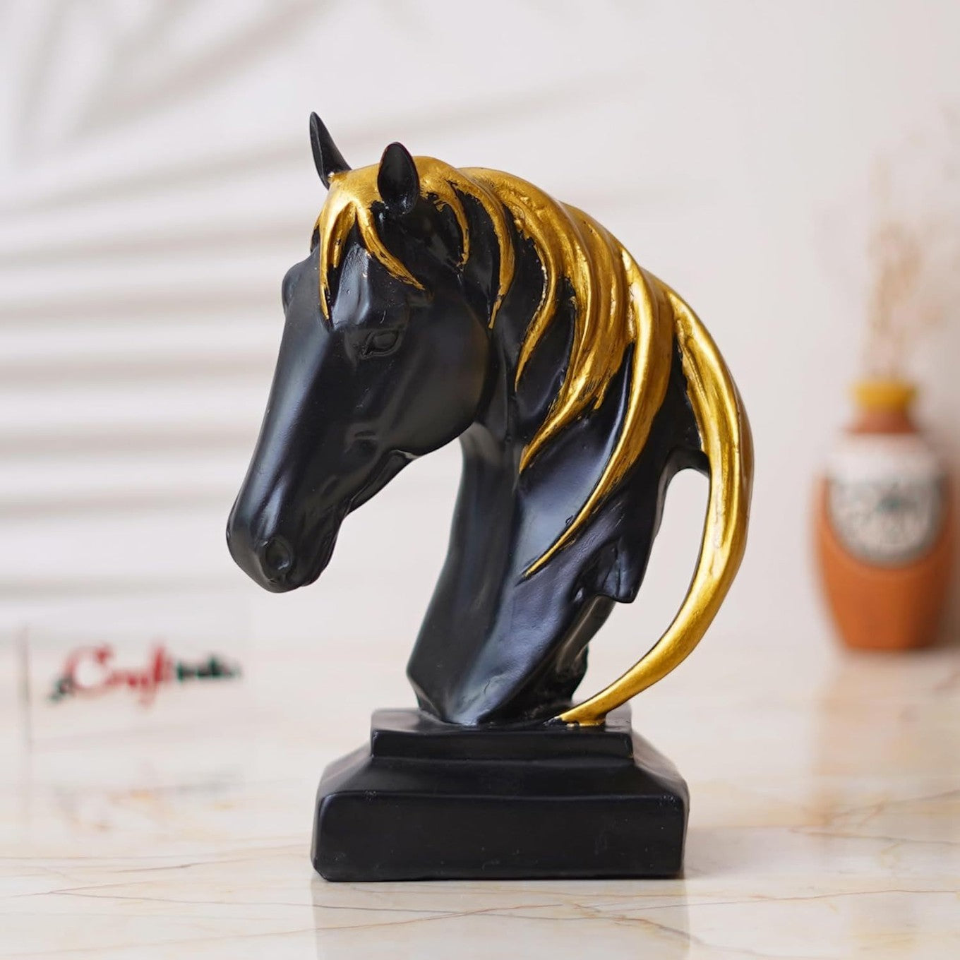 Black Horse Head Statue with Golden Mane